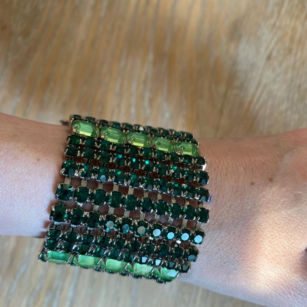 Vintage Wide Emerald Green Rhinestone Cuff Bracelet